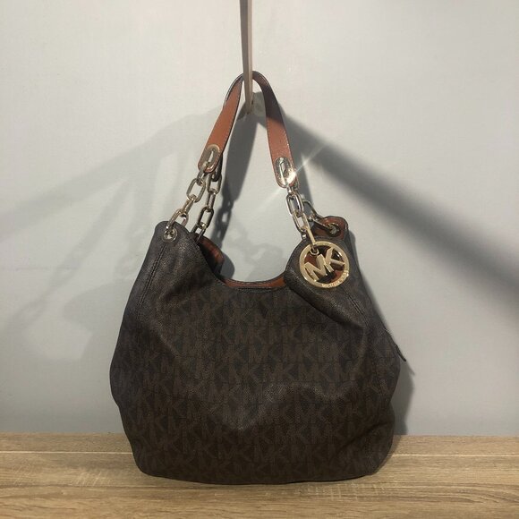 Michael Kors Fulton Large Logo Brown Signature Shoulder Bag - Picture 1 of 16